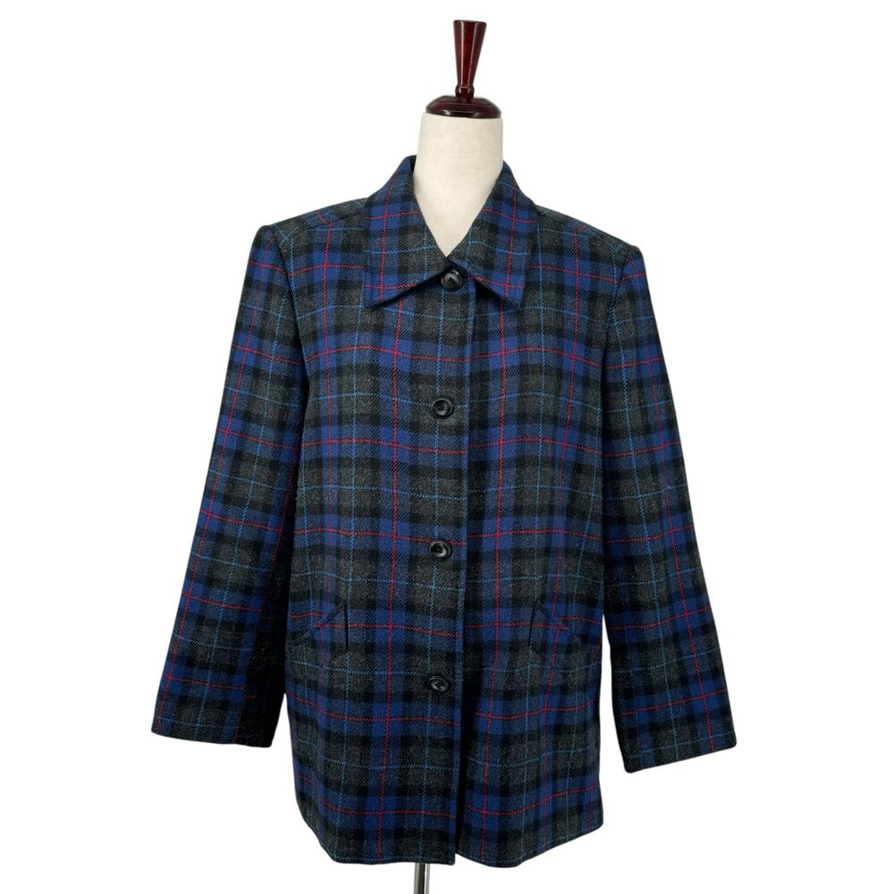 Vtg Joan Leslie Wool Blend Heritage Plaid‎ Preppy Coat Jacket 10 Pockets Lined